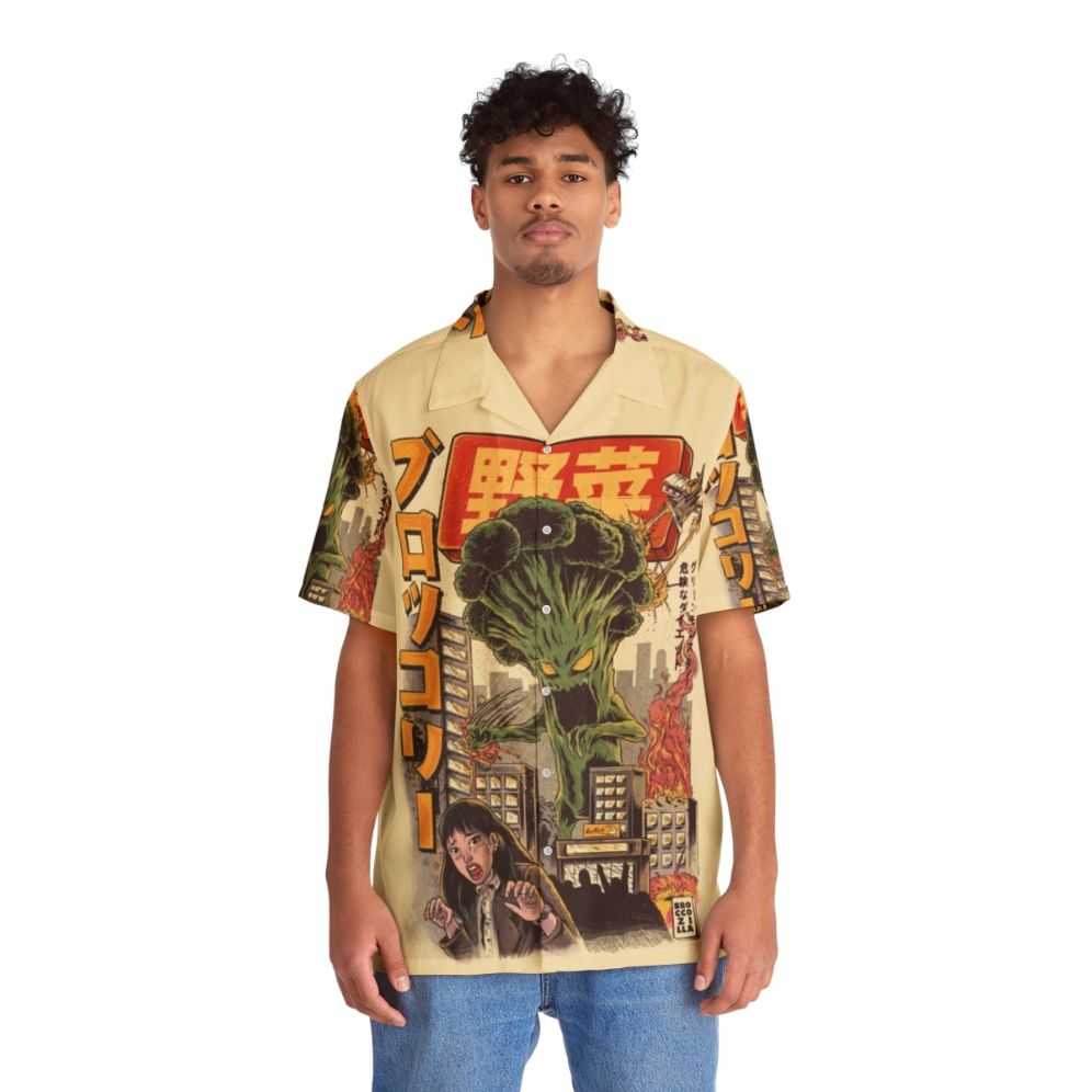 Broccozilla Hawaiian Shirt with Retro Anime-Inspired Vegetable Print - People Front