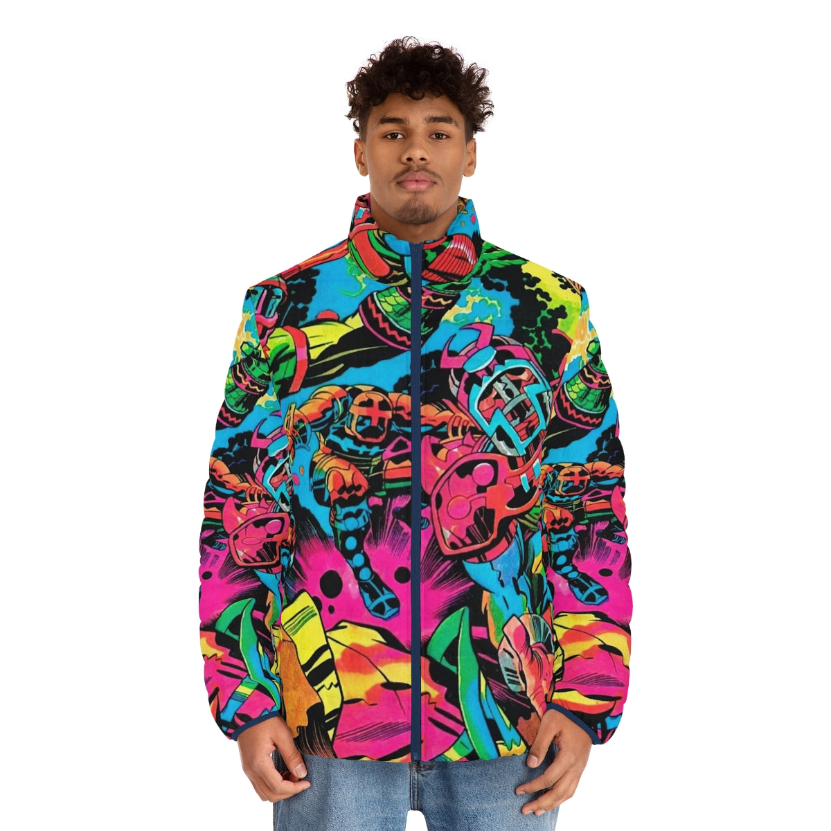 Kirby Puffer Jacket - Colorful Marvel Comics inspired superhero pop art design - men front