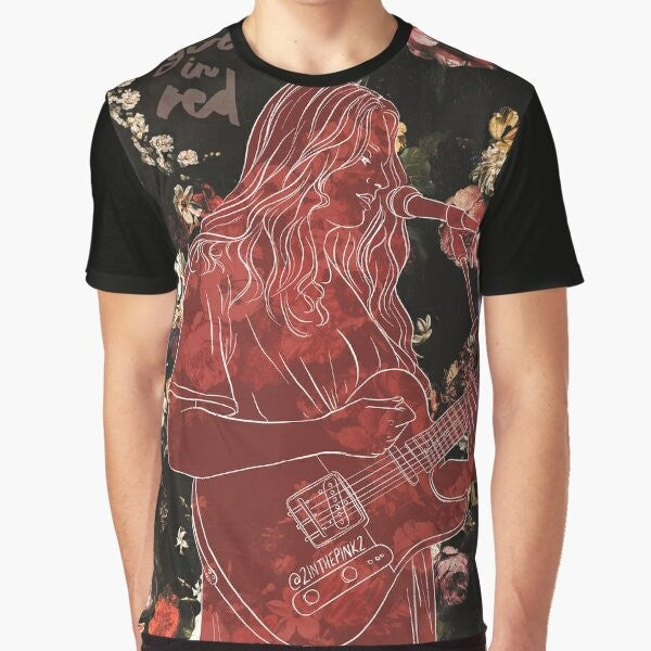 Indie rock-inspired graphic t-shirt featuring a girl in red design with roses