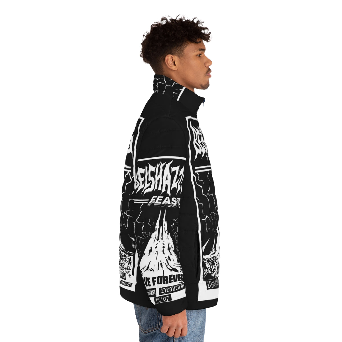 Belshazzar's Feast Puffer Jacket featuring the iconic writing on the wall design - men side right