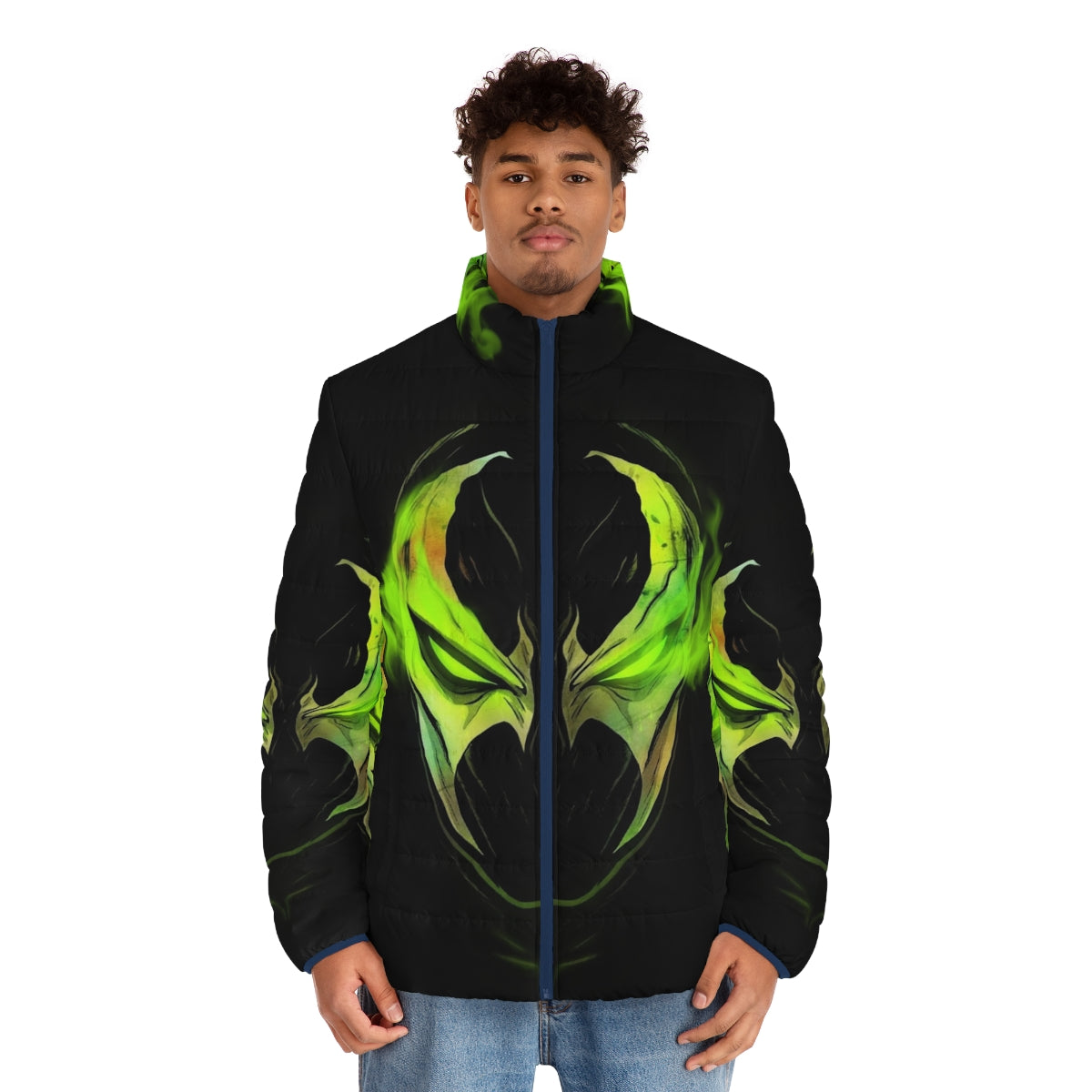 Lithium Spawn puffer jacket in a dark green color with powerful superhero design - men front