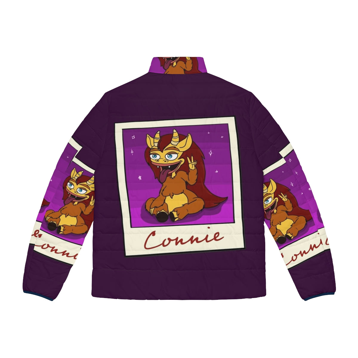 A cozy and stylish puffer jacket featuring Connie the Hormone Monster from the Netflix series Big Mouth. - Back