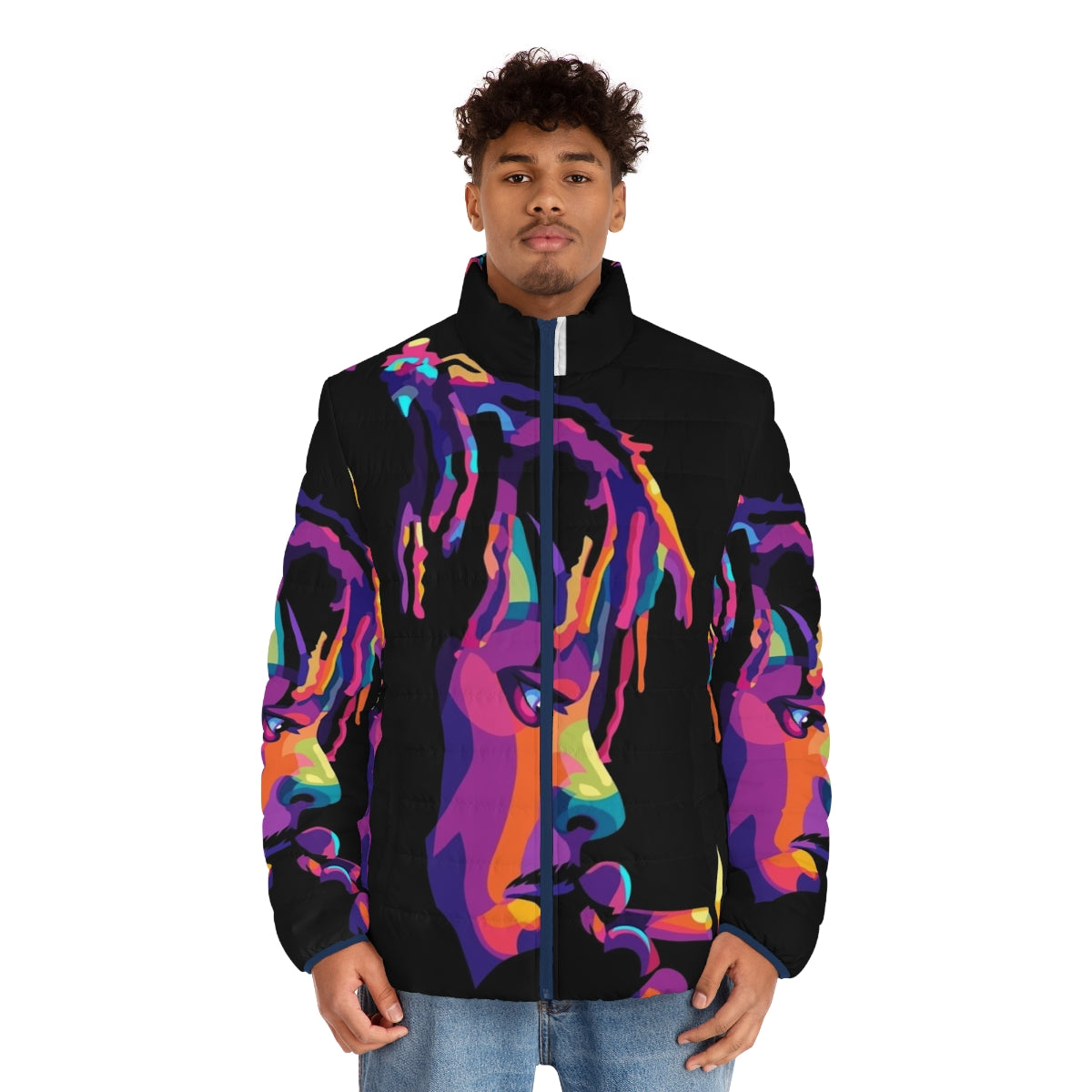 999 Legend Never Die Puffer Jacket with colorful music-inspired design - men front