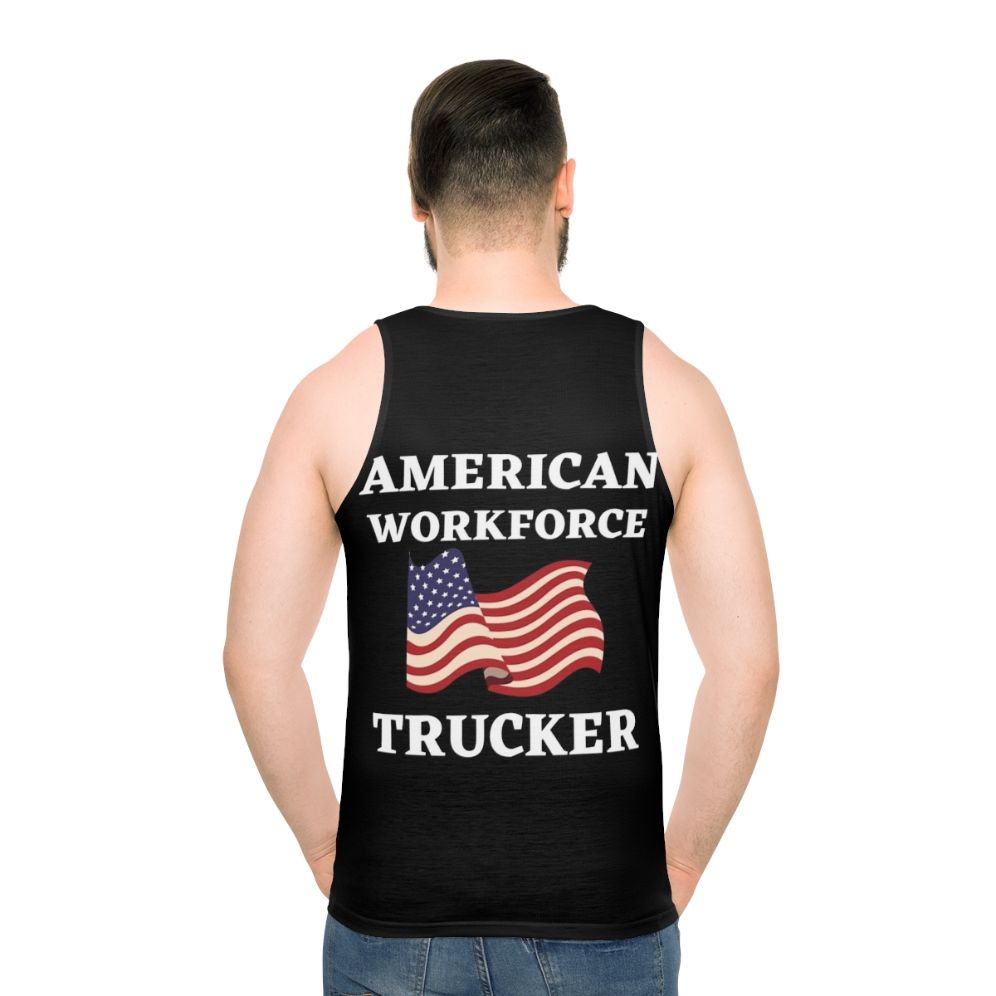 Patriotic American workforce unisex trucker tank top - men back