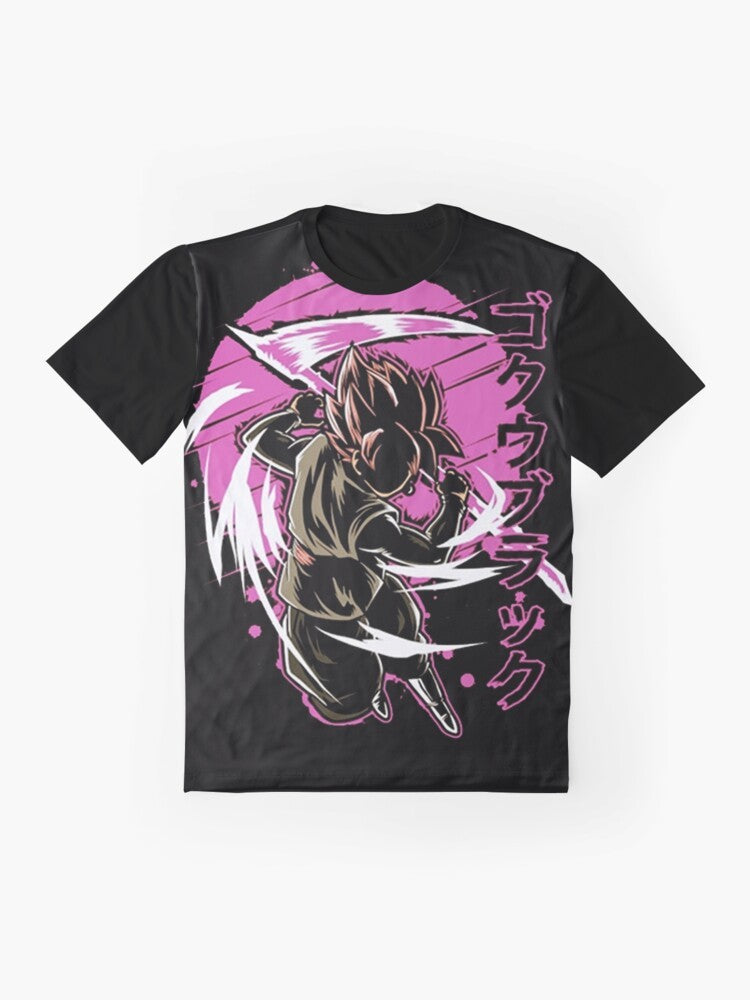 A black and pink graphic t-shirt featuring Goku Black, the villain from Dragon Ball Super. - Flat lay