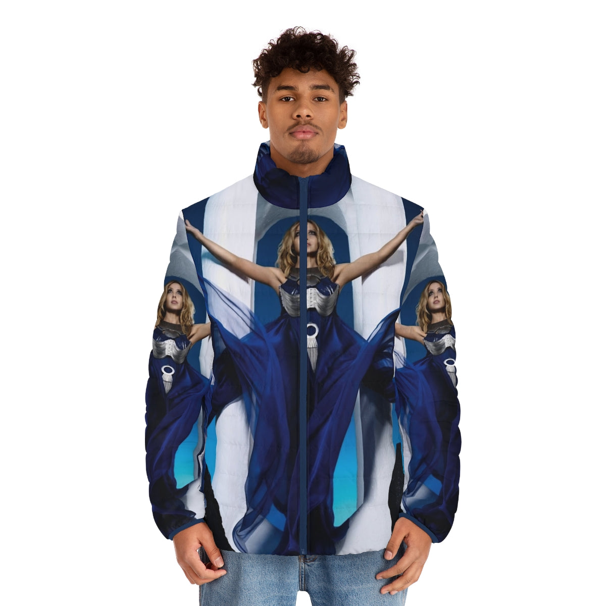 Aphrodite Puffer Jacket featuring a blue and white color scheme, inspired by the Greek goddess of love. - men front