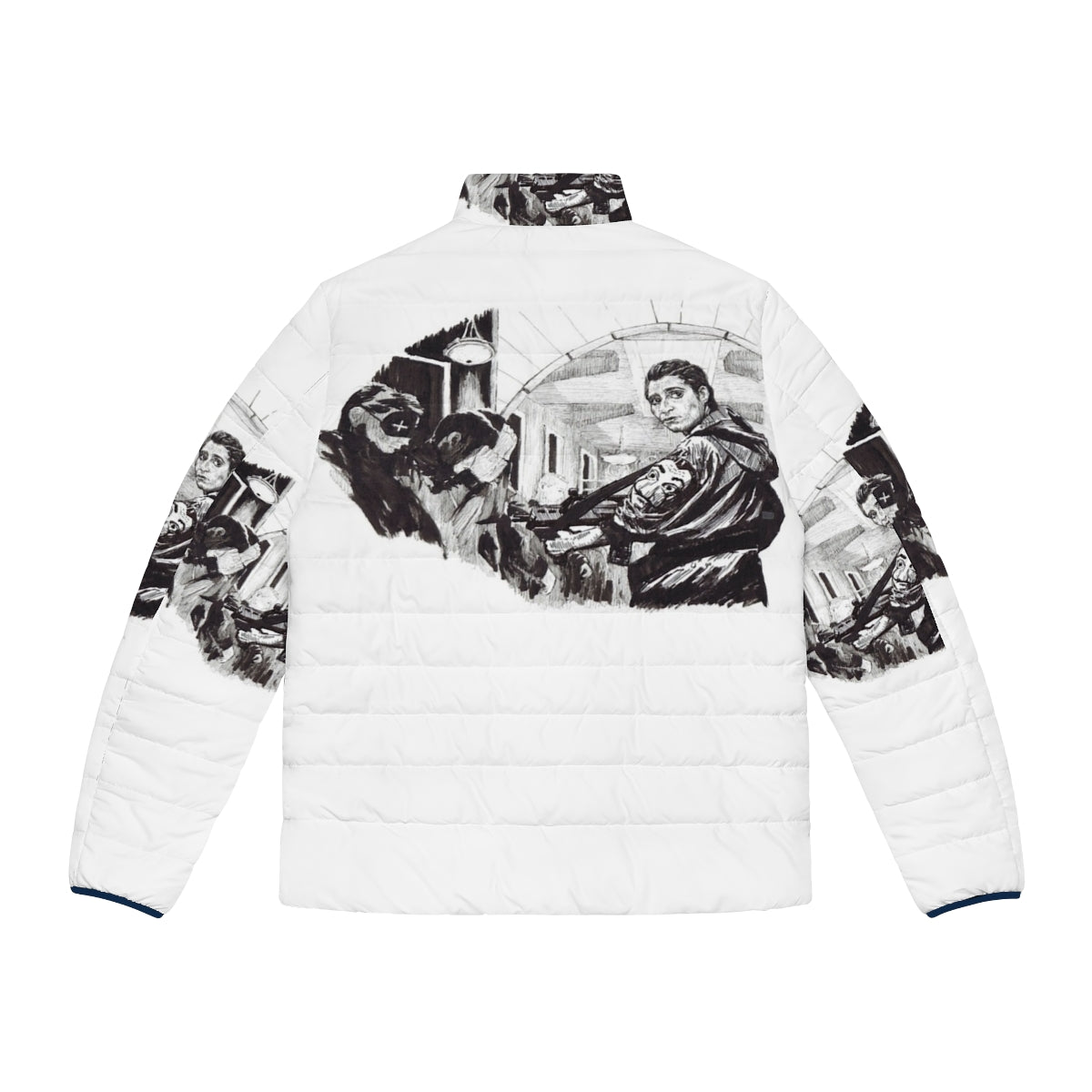 Money Heist Puffer Jacket featuring the iconic characters and imagery from the Netflix series - Back