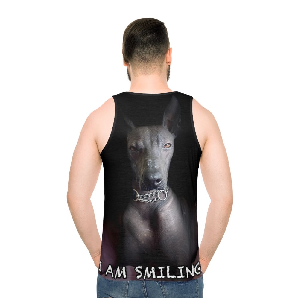 Unisex tank top with "I Am Smiling" design for xoloitzcuintle dog lovers - men back