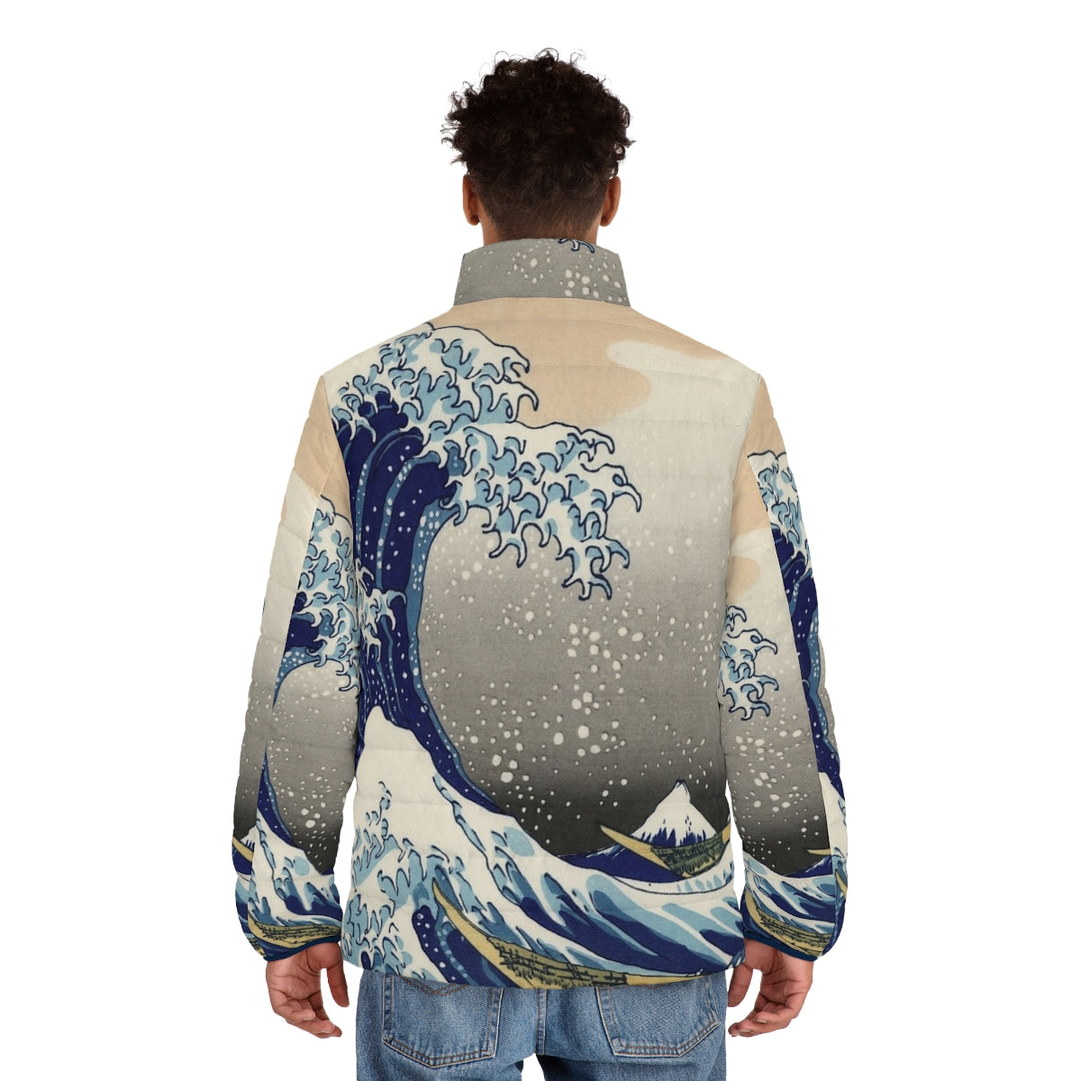 Person wearing a black puffer jacket with the famous 'Great Wave off Kanagawa' design by Hokusai - men back