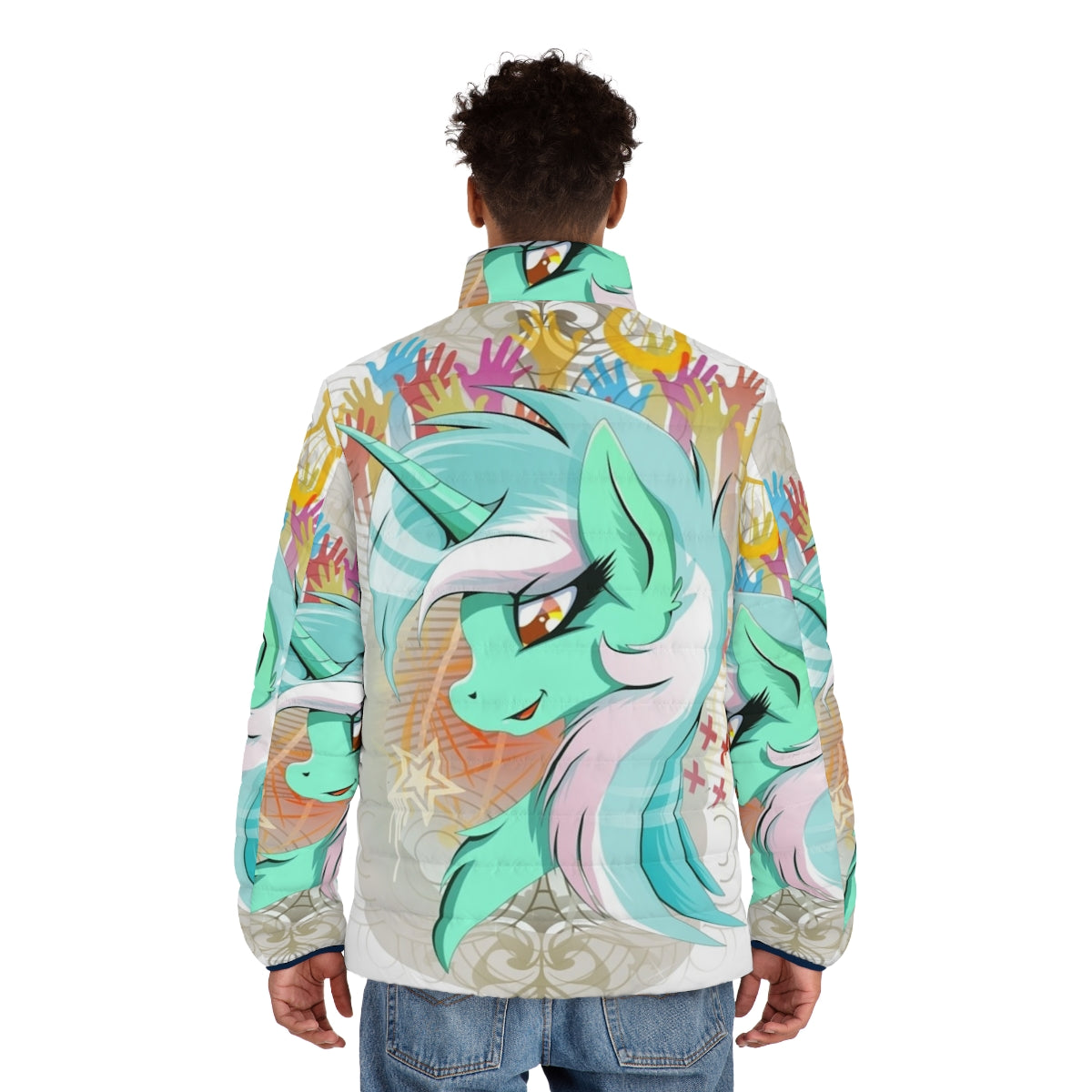 Lyra Heartstrings inspired puffer jacket with unicorn design - men back