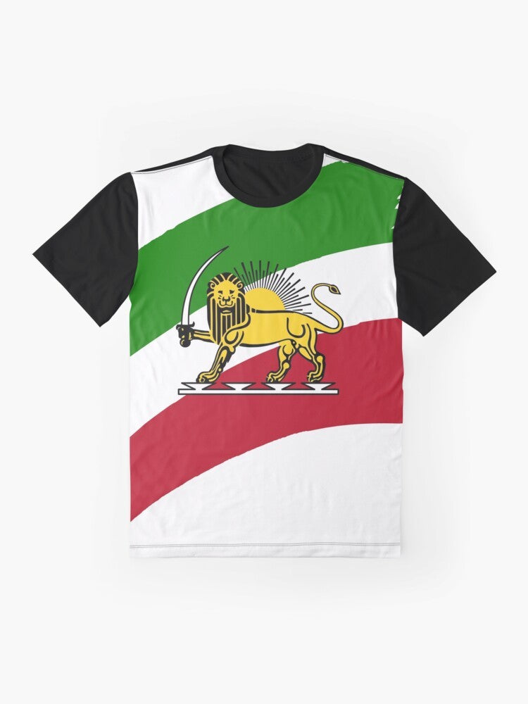 Iran flag with a Persian lion graphic design on a t-shirt - Flat lay