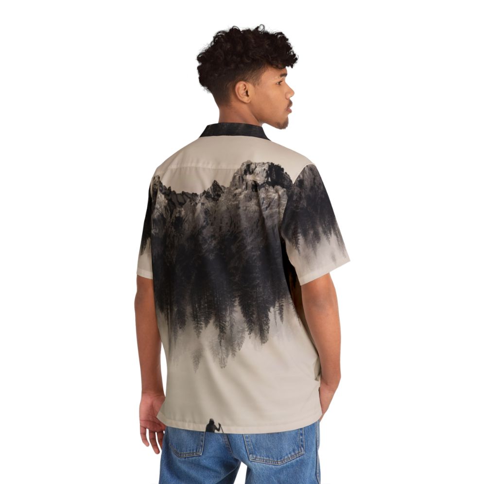 Adventure-Inspired Hawaiian Shirt with Double Exposure Mountain Landscape - Flat lay