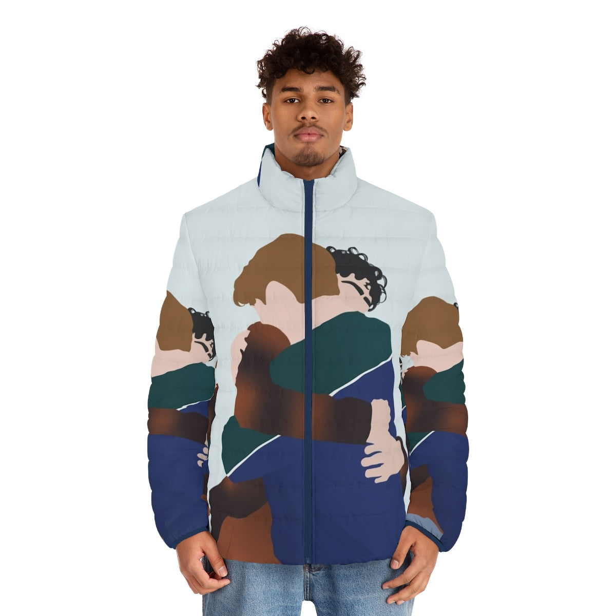 Heartstopper Nick and Charlie hug puffer jacket, featuring the two main characters from the Netflix series - men front