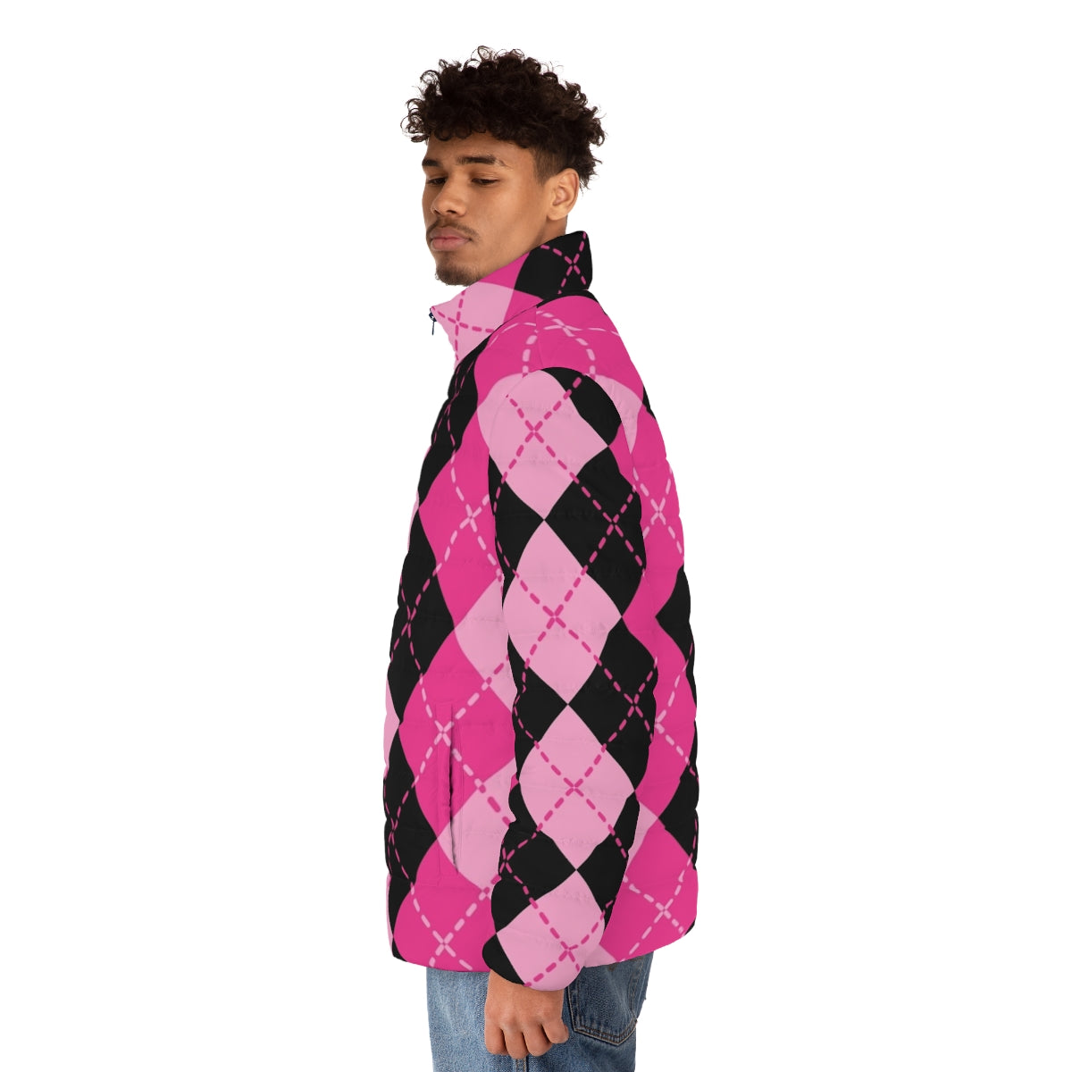 Retro pink argyle puffer jacket with classic diamond pattern design - men side left