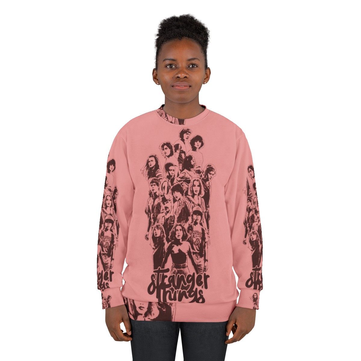 Eleven from Stranger Things wearing a 3 times stranger sweatshirt - women