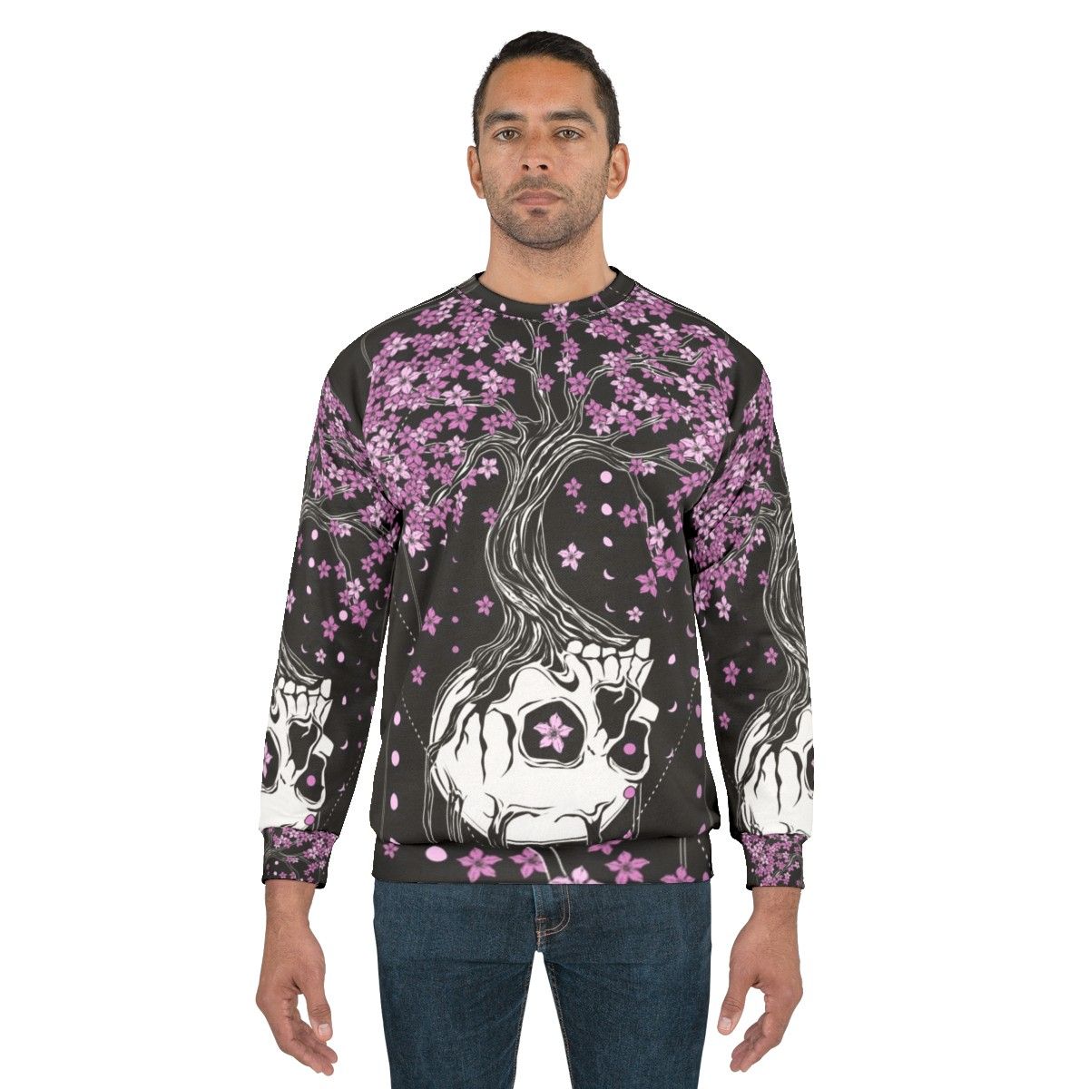 Afterlife Skull Sweatshirt with Cherry Blossom Floral Design - men