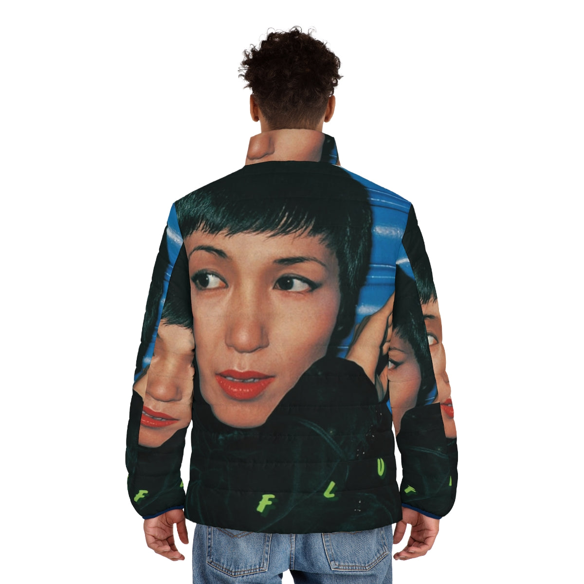 Junko Ohashi inspired vaporwave puffer jacket with retro 80s 90s colorful aesthetic - men back