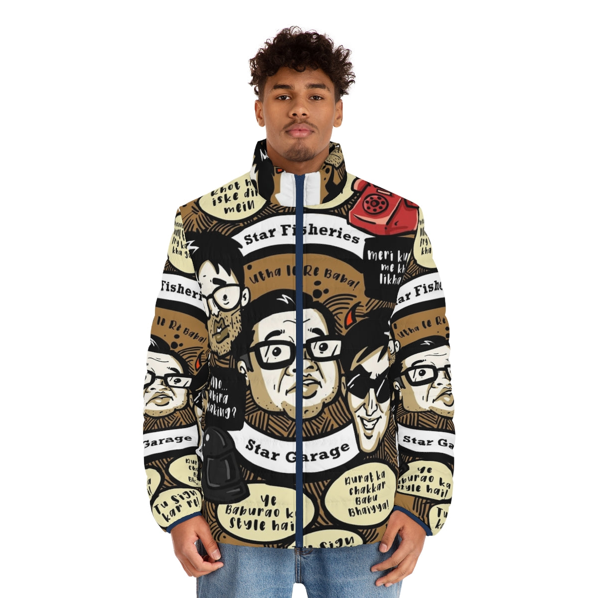 Hera Pheri Inspired Puffer Jacket with Bollywood Characters - men front