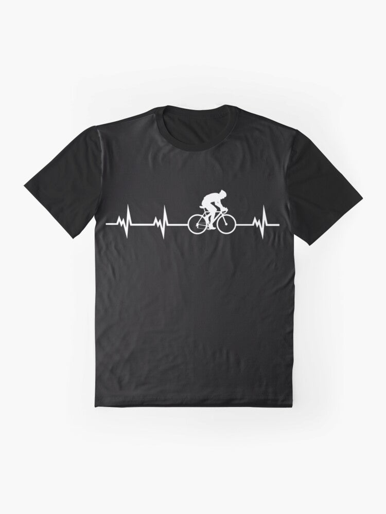 Cycling heartbeat graphic t-shirt with a heart-shaped bicycle design - Flat lay