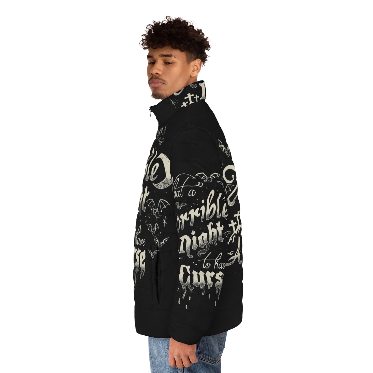 A Castlevania-themed puffer jacket with a "A Horrible Night To Have A Curse" typography design - men side left