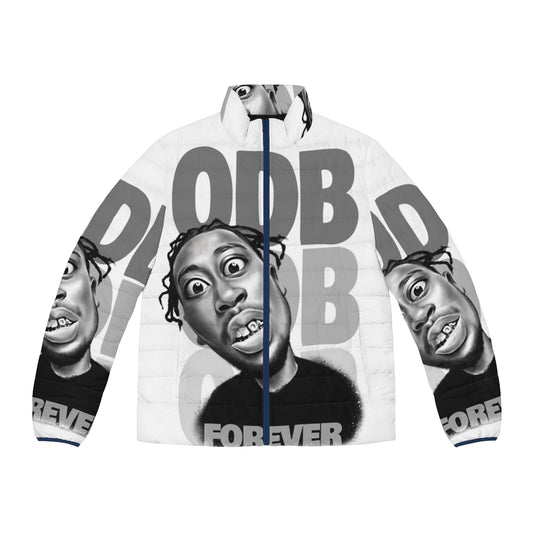 ODB Forever Caricature Puffer Jacket featuring a black and white cartoon illustration of the legendary rapper