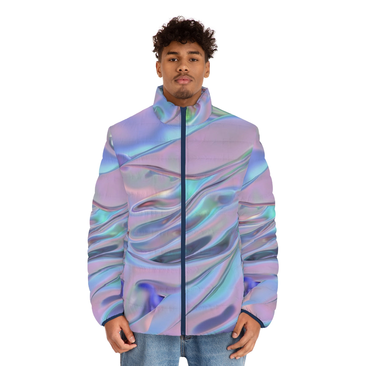 Holographic puffer jacket with abstract, colorful graphic design - men front