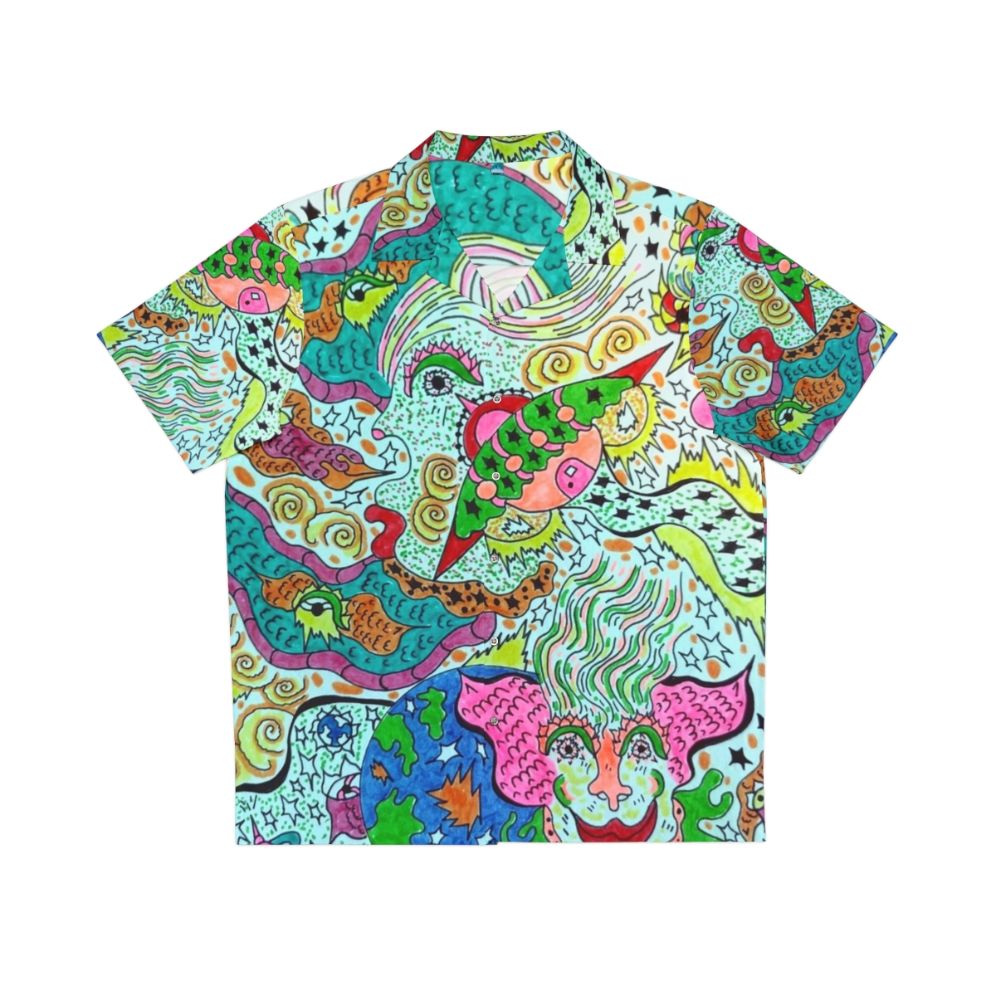 Vibrant cosmic Hawaiian shirt with angelic visionary design