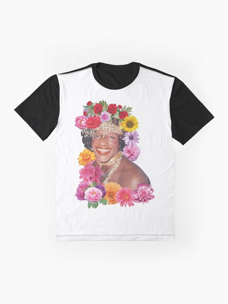 Marsha P. Johnson Floral Tribute T-Shirt featuring an inspiring graphic design honoring the LGBTQ+ activist and icon. - Flat lay