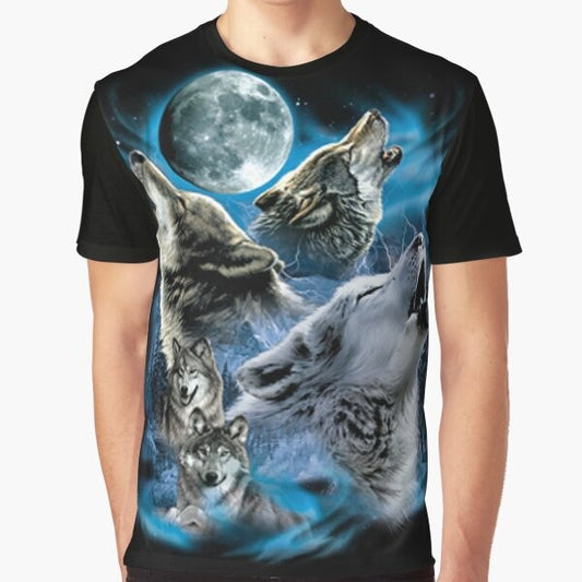 A graphic t-shirt featuring a howling wolf family under a full moon in the wilderness.