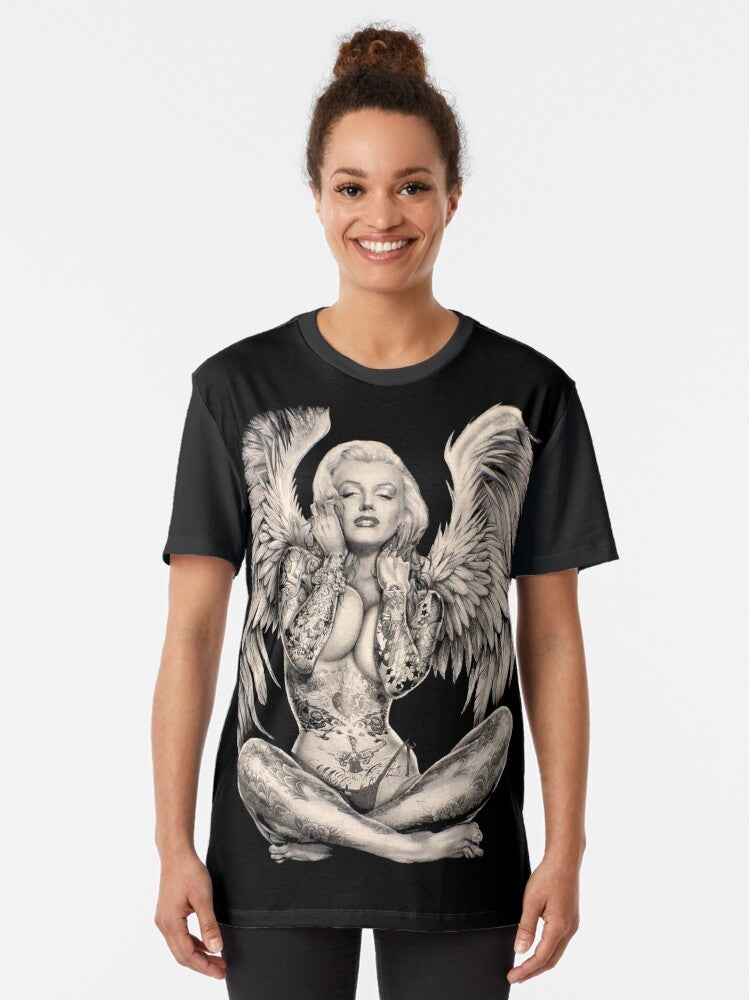 Vintage abstract tattooed angel graphic print featuring Marilyn Monroe - Women