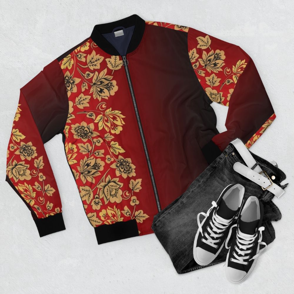 Khokhloma inspired bomber jacket with traditional Russian ethnic graphic pattern - Flat lay