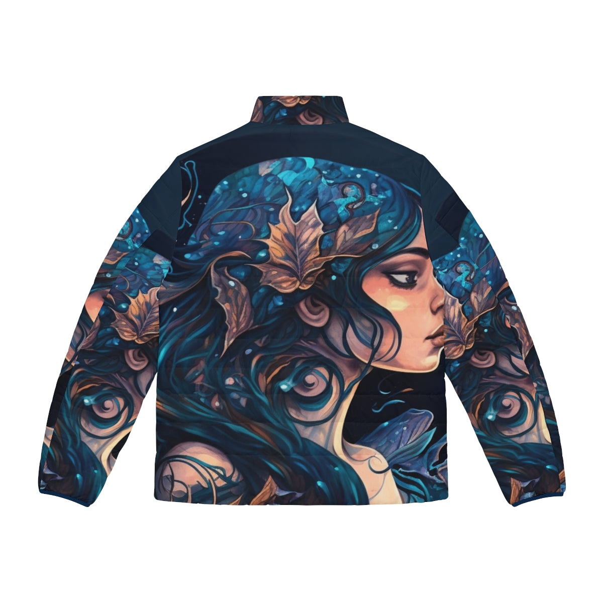 Mythical sea creatures puffer jacket featuring fantastical designs - Back