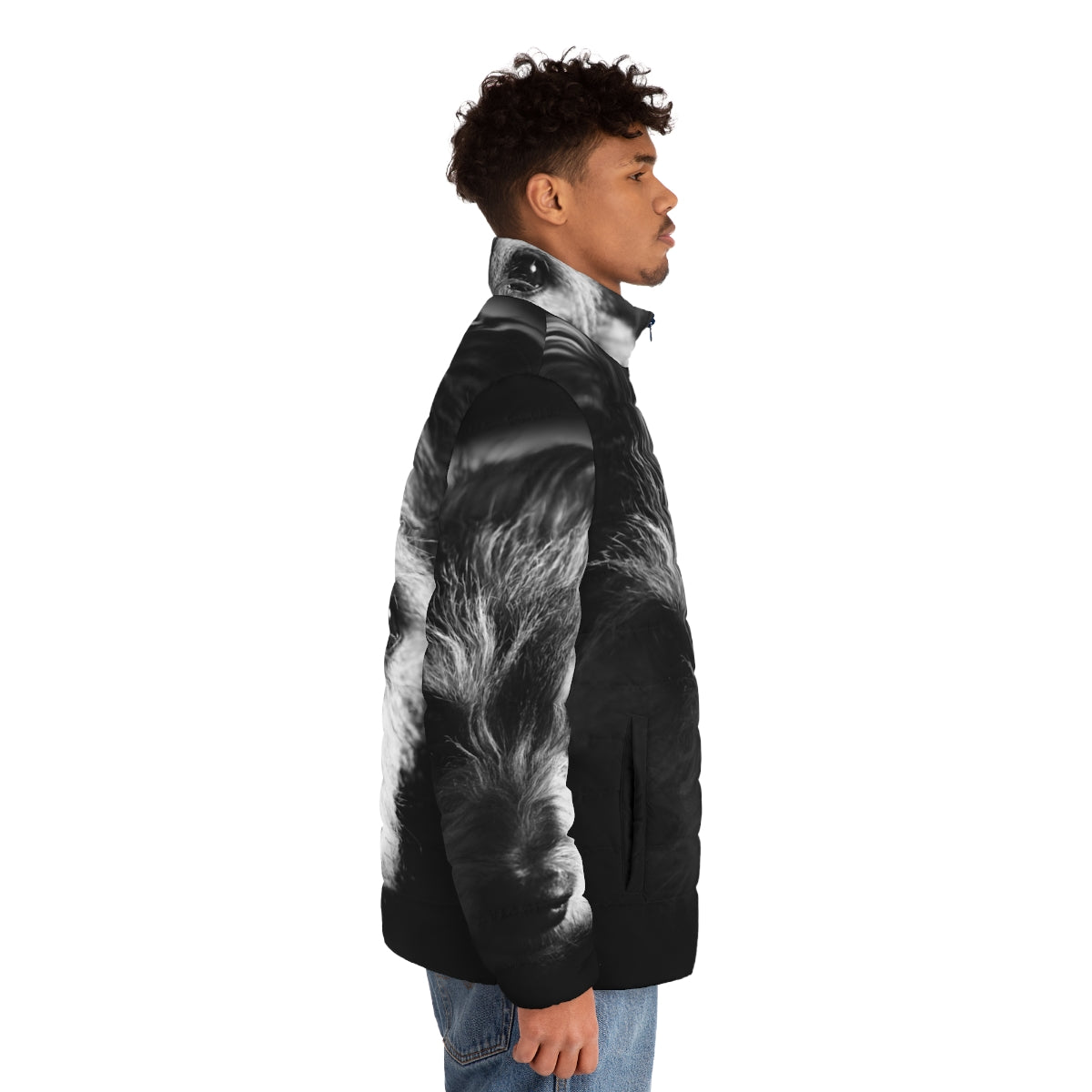 Black and white terrier dog wearing a stylish puffer jacket - men side right