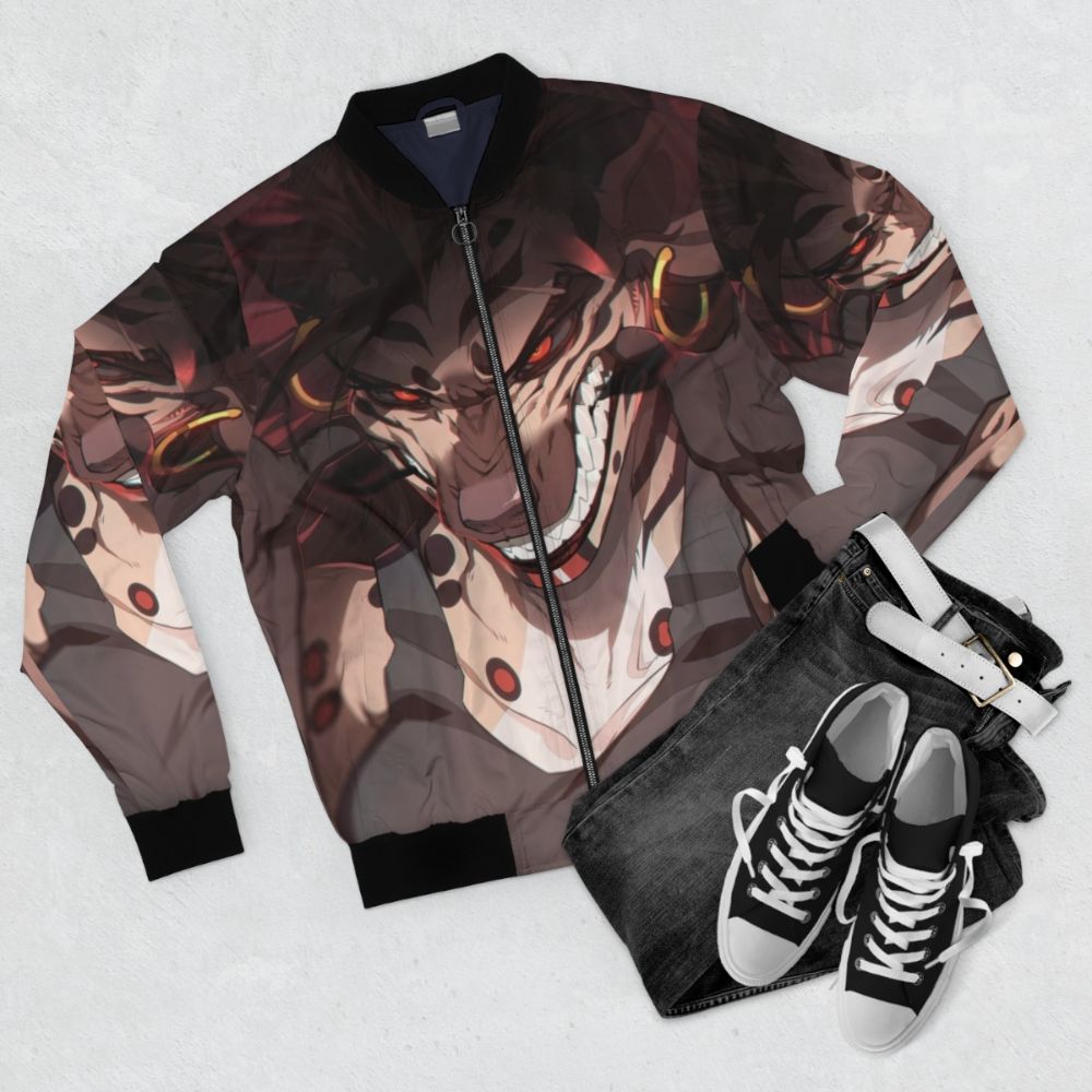 Furry bomber jacket with hyena print design - Flat lay