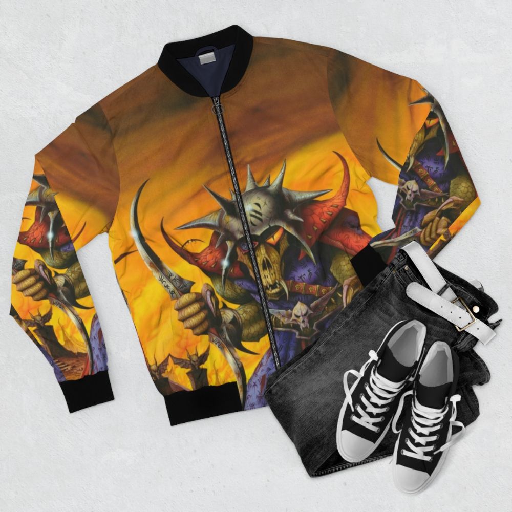 Heavy metal fantasy bomber jacket with Rodney Matthews album cover inspired design - Flat lay