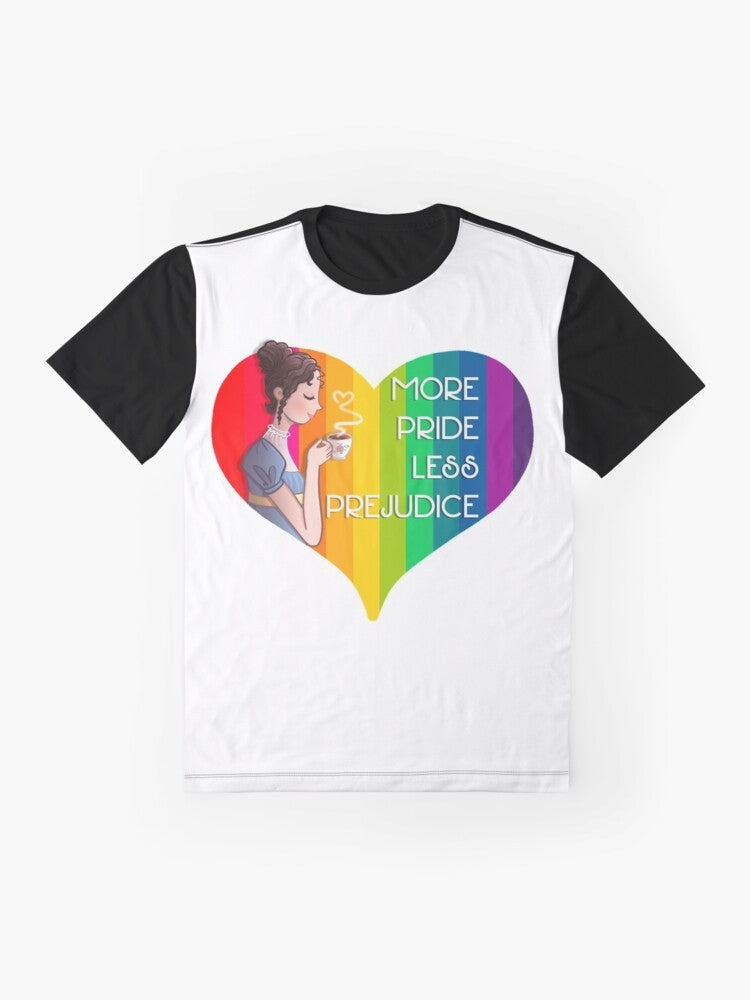 Jane Austen's Pride and Prejudice themed LGBTQ graphic t-shirt design - Flat lay