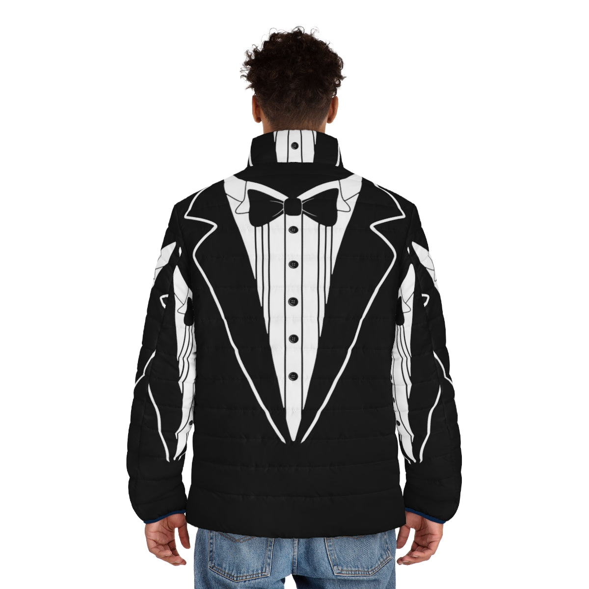 Tuxedo puffer jacket with a touch of Animal House frat style - men back