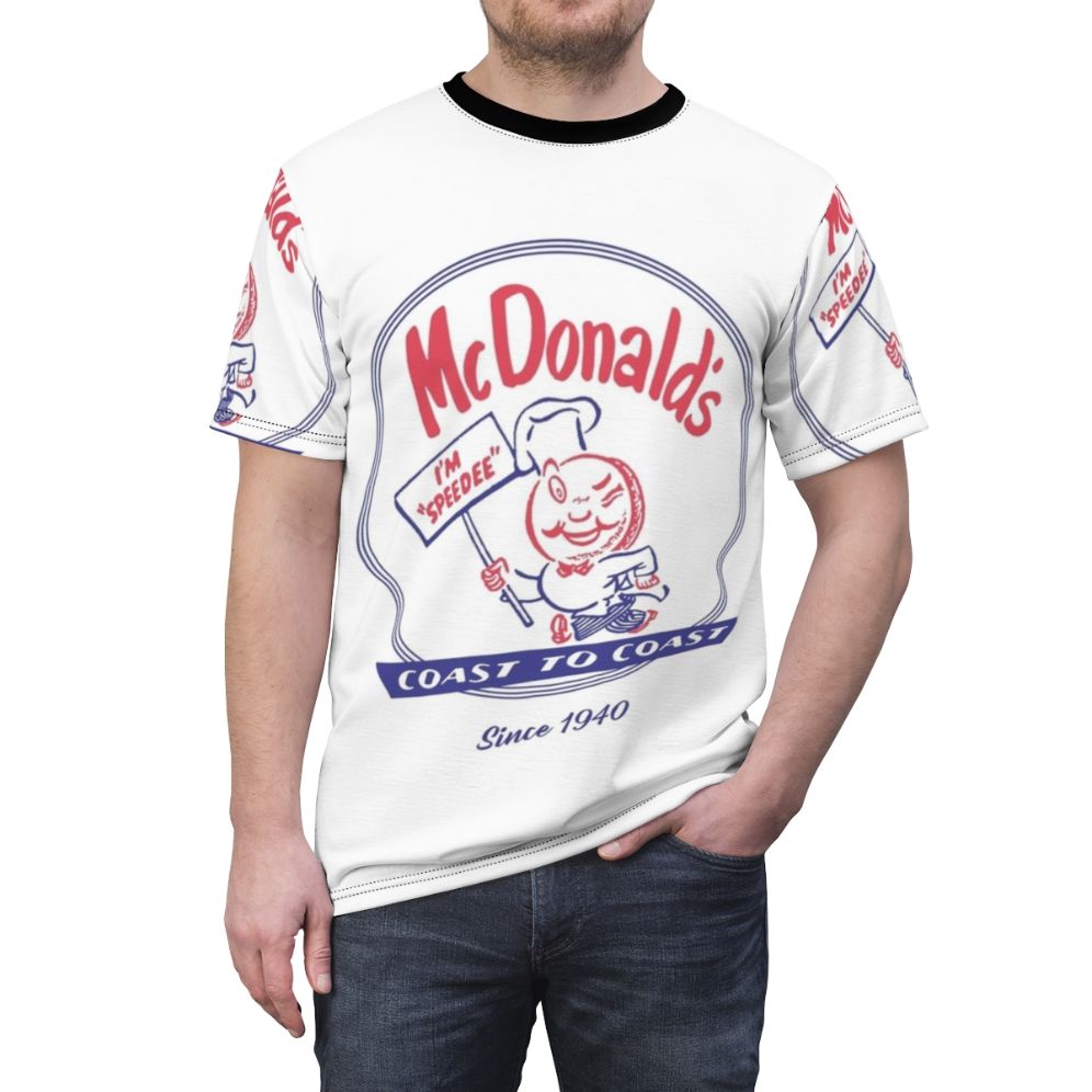 Vintage-style t-shirt featuring the classic McDonald's Speedee graphic, evoking the 1940s-1950s era of American fast food history. - men front