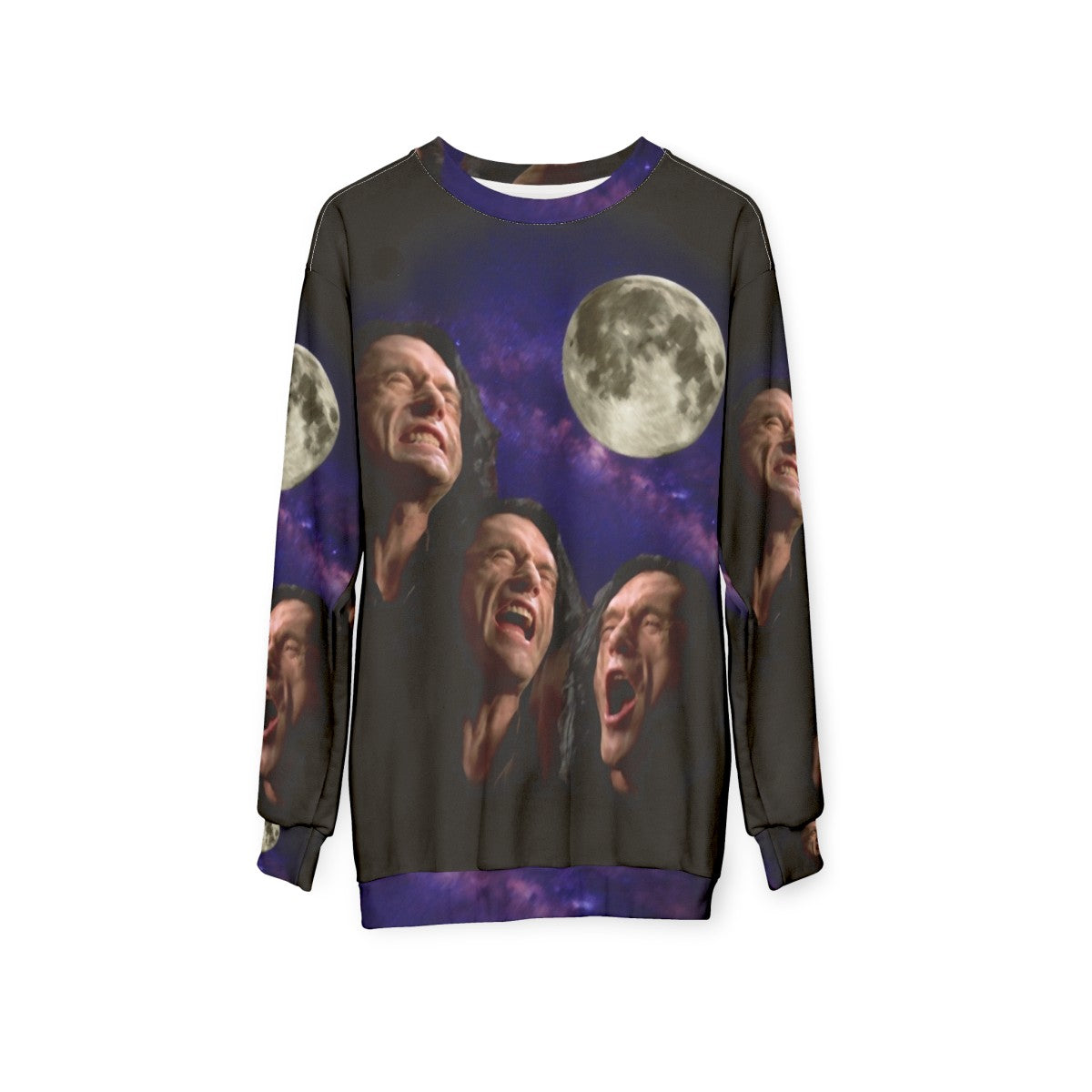 Three Wiseau Moon Sweatshirt with Tommy Wiseau, The Room, and Disaster Artist Meme Design - hanging