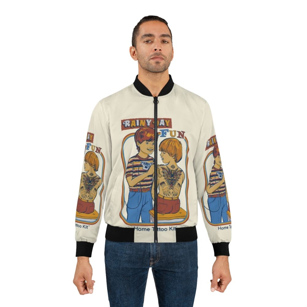 A retro-style bomber jacket with a funny, dark humor design. - Lifestyle