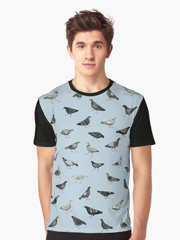 Graphic t-shirt featuring a design of urban pigeons or doves in a flock, with a pattern of gray and white birds. - Men