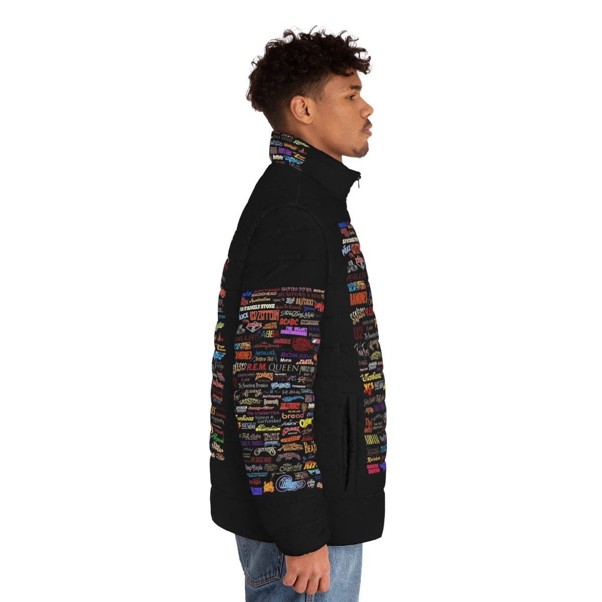 Retro rock bands puffer jacket featuring classic album cover art - men side right