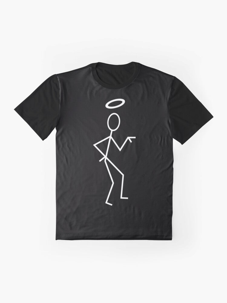 Retro vintage graphic t-shirt featuring a stick figure design of the character The Saint from the classic TV series - Flat lay