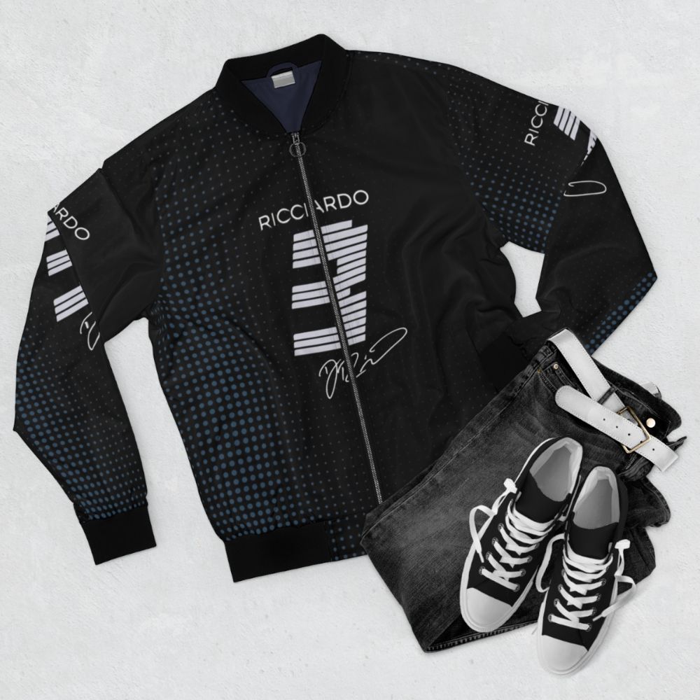 Daniel Ricciardo 3 - RB Team 2024 Bomber Jacket featuring a minimalist, vintage-inspired formula 1 motorsport design - Flat lay