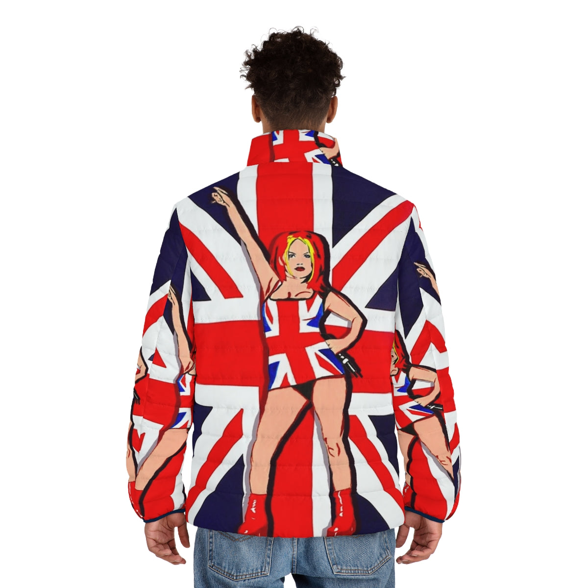 Union Jack puffer jacket, 90s inspired fashion - men back