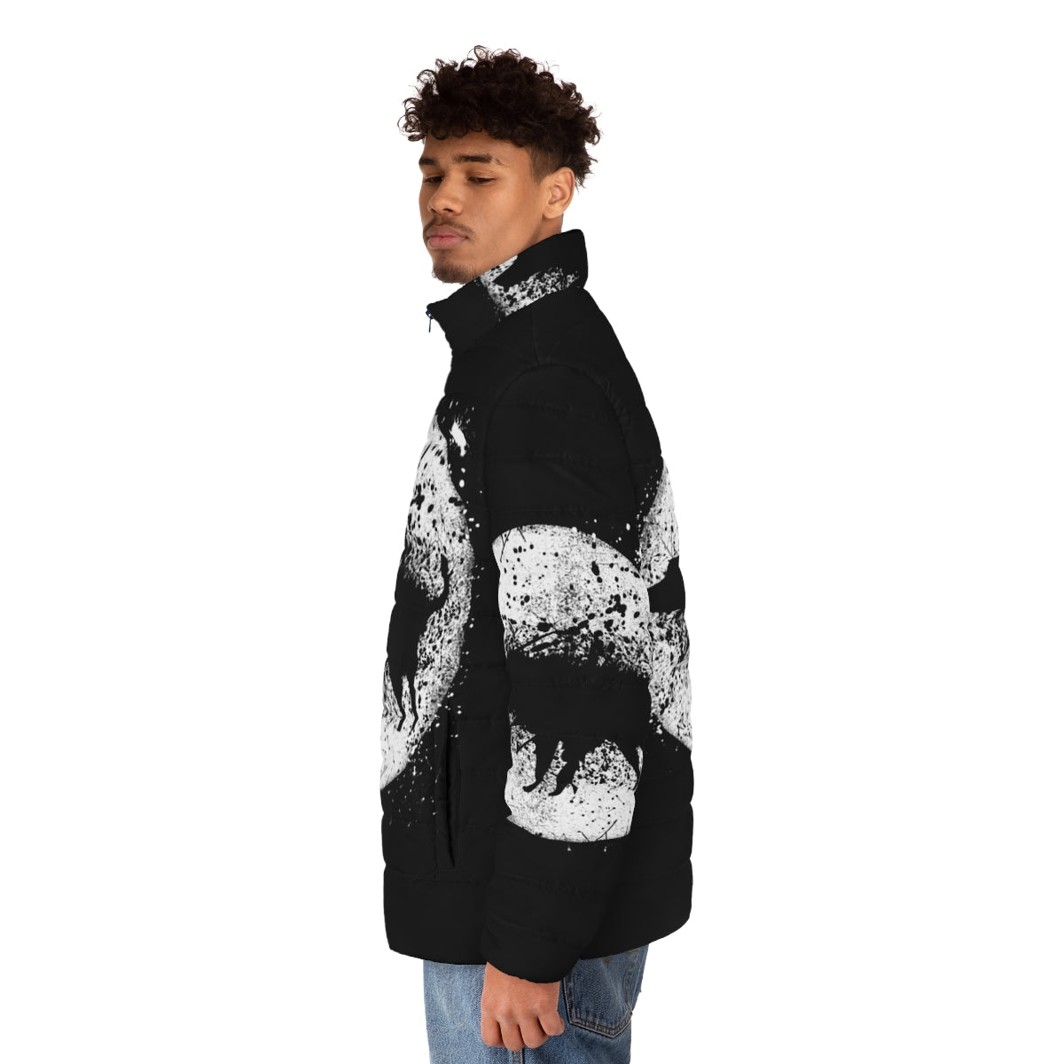 Banksy Splash Dog and Moon Puffer Jacket featuring street art inspired design - men side left