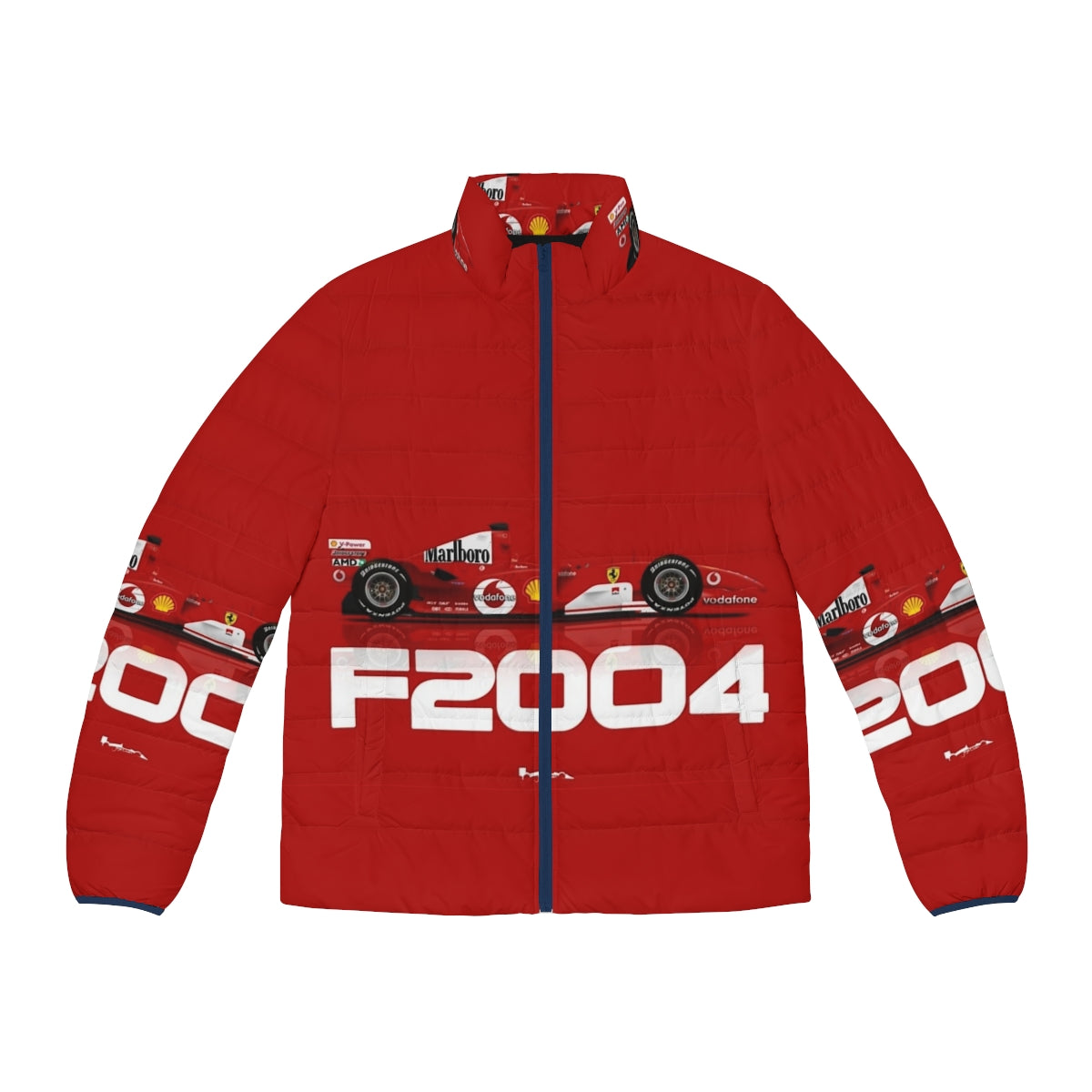 F2004 white puffer jacket featuring motor racing inspired design