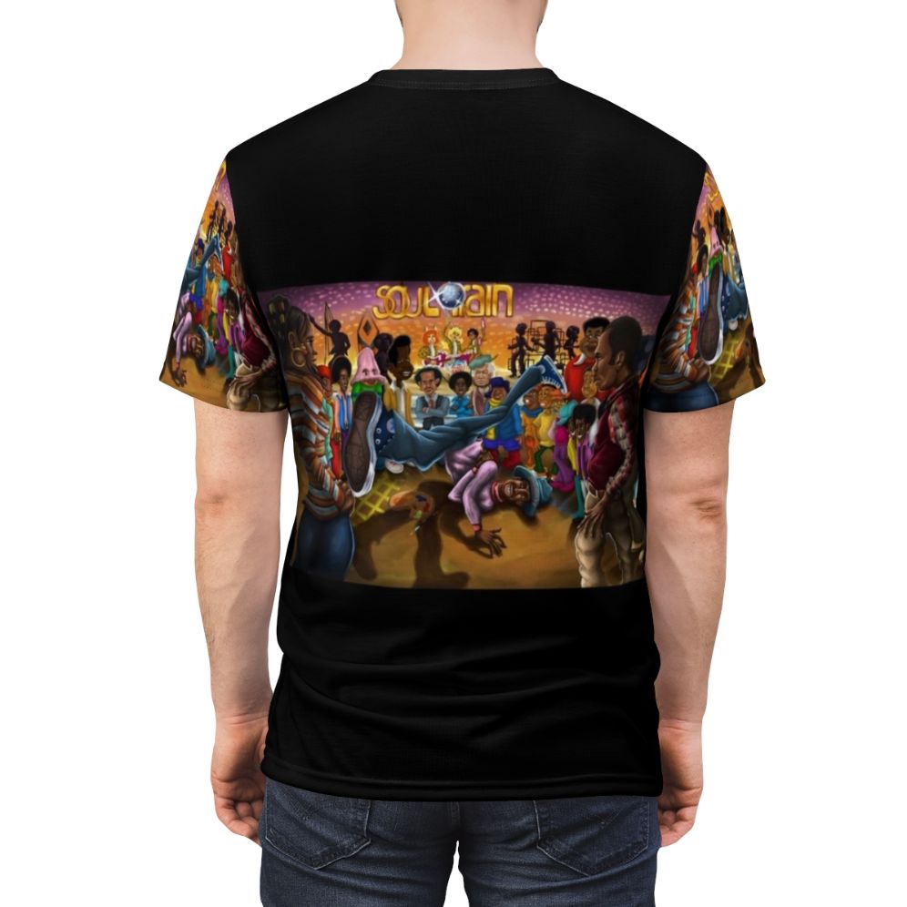 Colorful and lively Soul Train inspired t-shirt design with retro disco and breakdancing elements. - men back