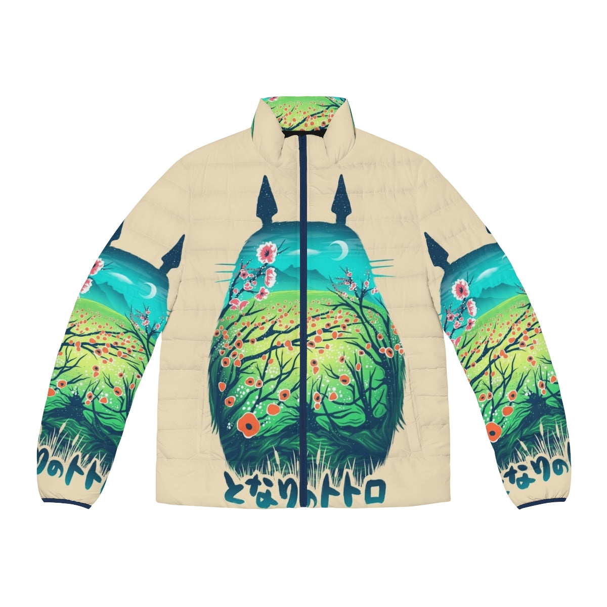 A cozy puffer jacket featuring an anime-inspired design with a fantasy forest landscape and a stylish "neighbor" graphic.