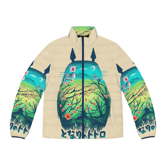 A cozy puffer jacket featuring an anime-inspired design with a fantasy forest landscape and a stylish "neighbor" graphic.